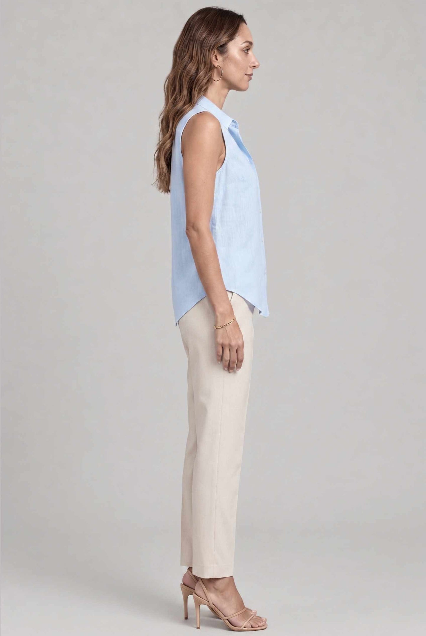 Virtual model wearing The Blair Buttoned Top sleeveless Collared Buttoned Blouse in Light Blue