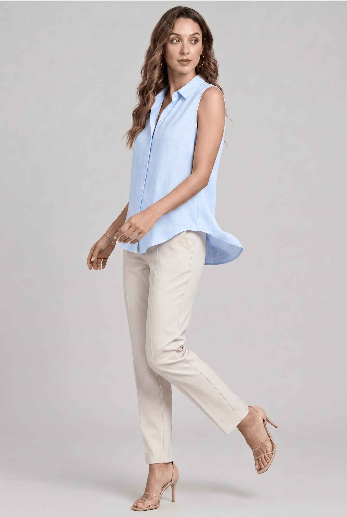 Virtual model wearing The Blair Buttoned Top sleeveless Collared Buttoned Blouse in Light Blue