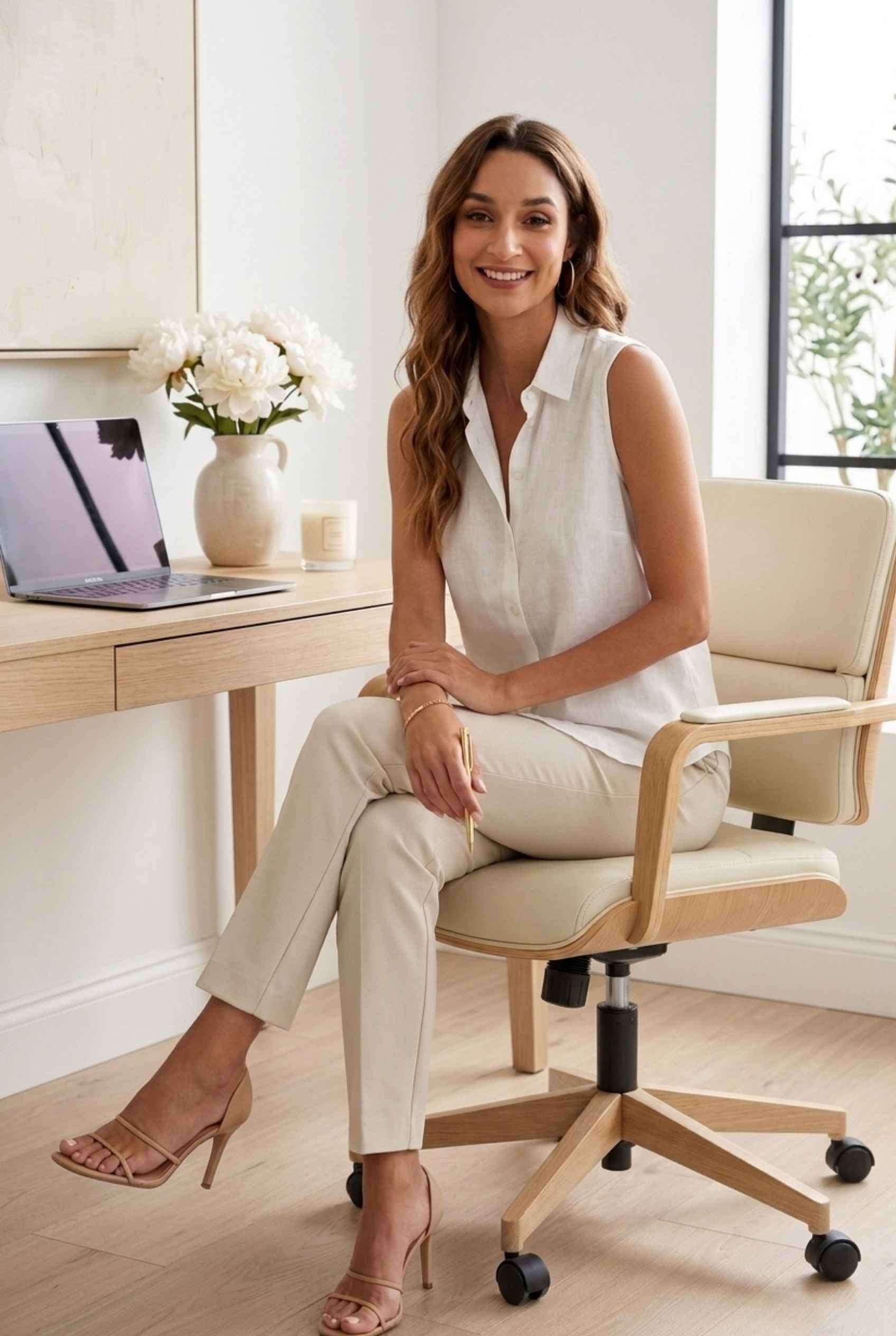 Virtual model wearing The Blair Buttoned Top sleeveless Collared Buttoned Blouse in white