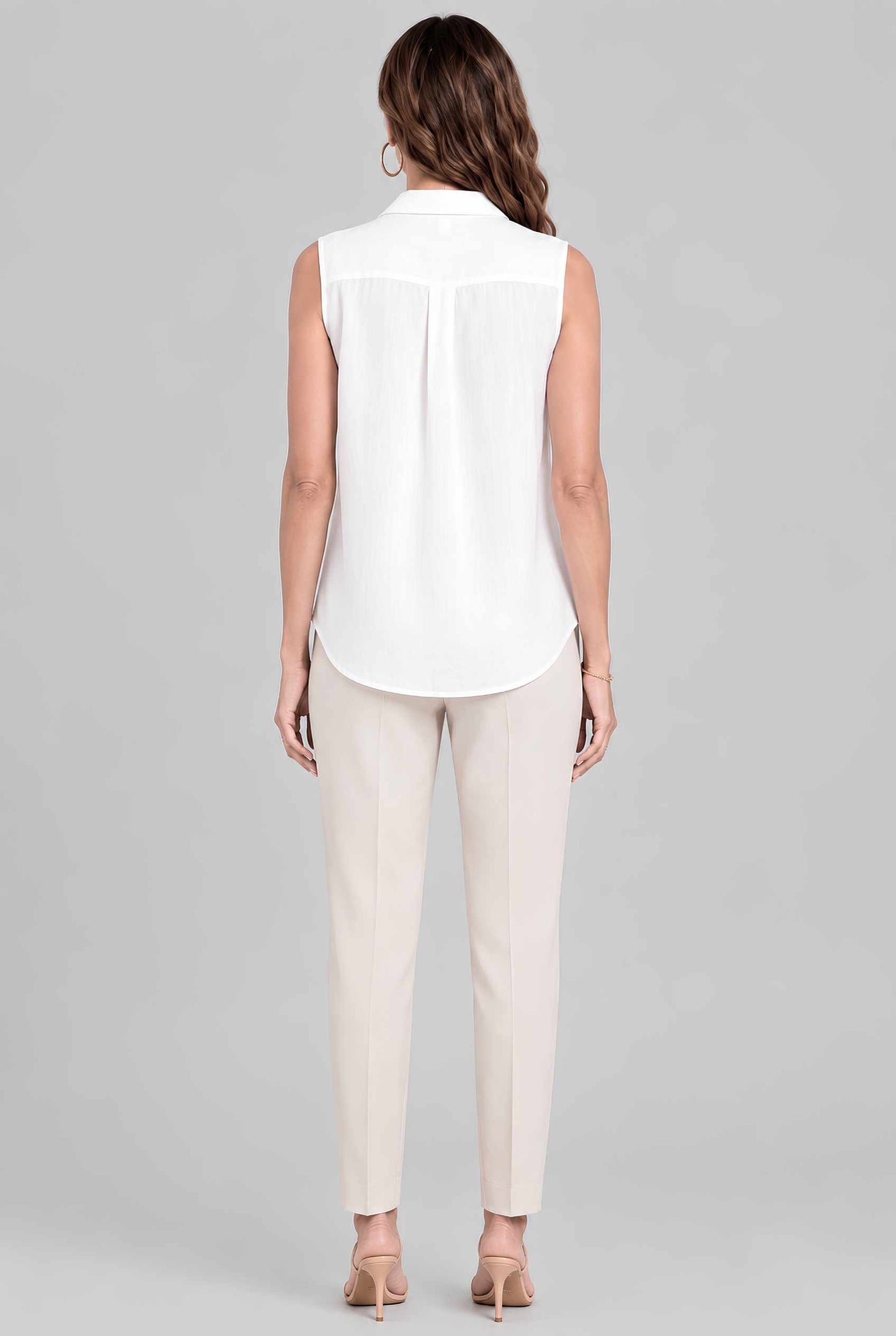 Virtual model wearing The Blair Buttoned Top sleeveless Collared Buttoned Blouse in white