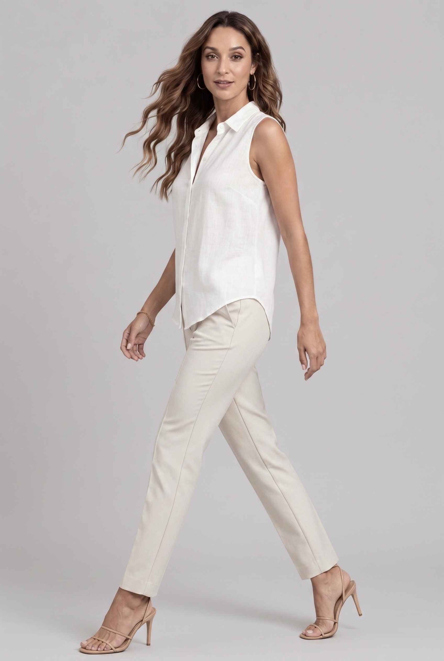 Virtual model wearing The Blair Buttoned Top sleeveless Collared Buttoned Blouse in white