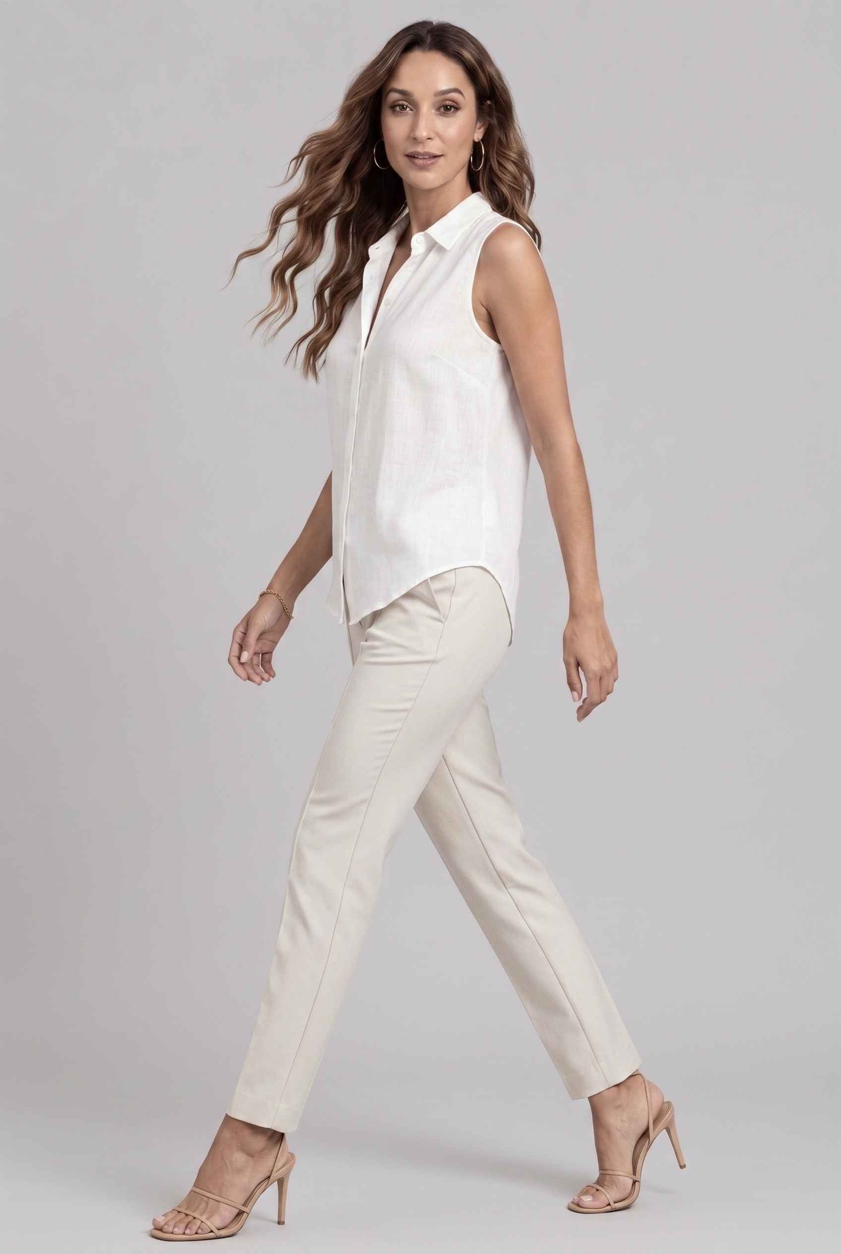 Virtual model wearing The Blair Buttoned Top sleeveless Collared Buttoned Blouse in white
