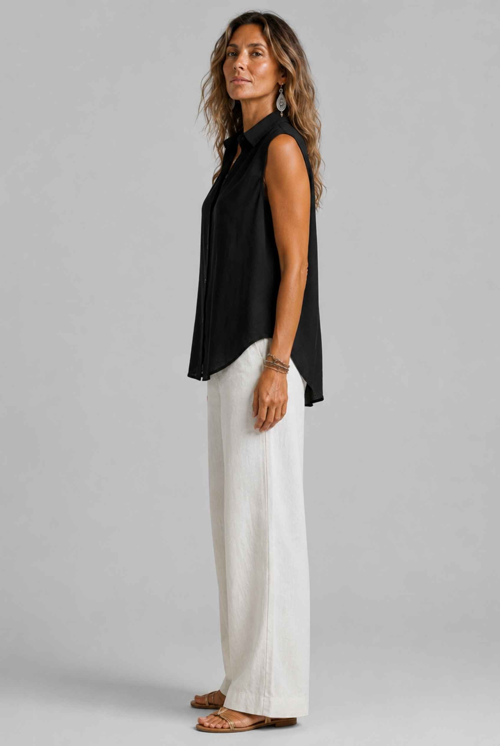 Virtual Model wearing The Blair Buttoned Top Sleeveless Black Collared Top