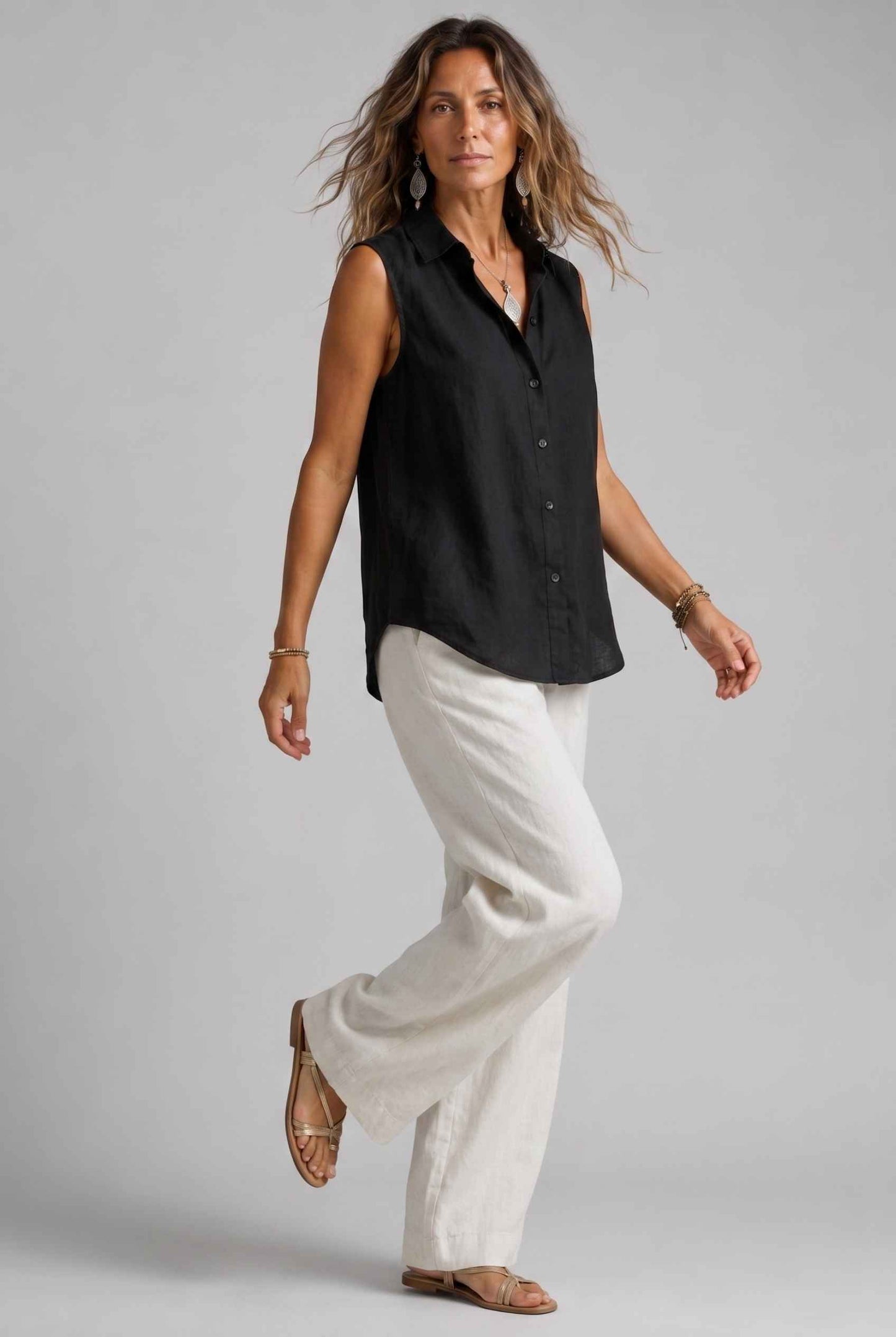 Virtual Model wearing The Blair Buttoned Top Sleeveless Black Collared Top