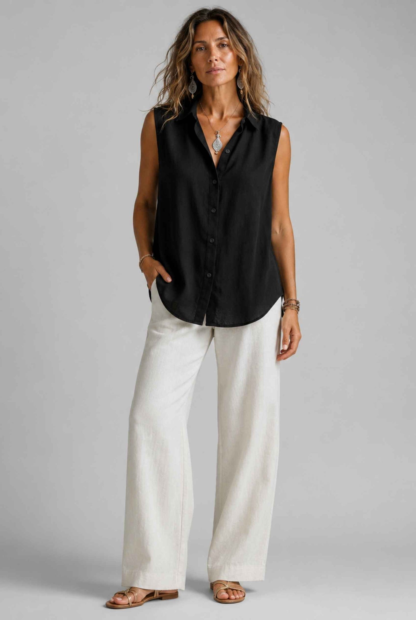 Virtual Model wearing The Blair Buttoned Top Sleeveless Black Collared Top