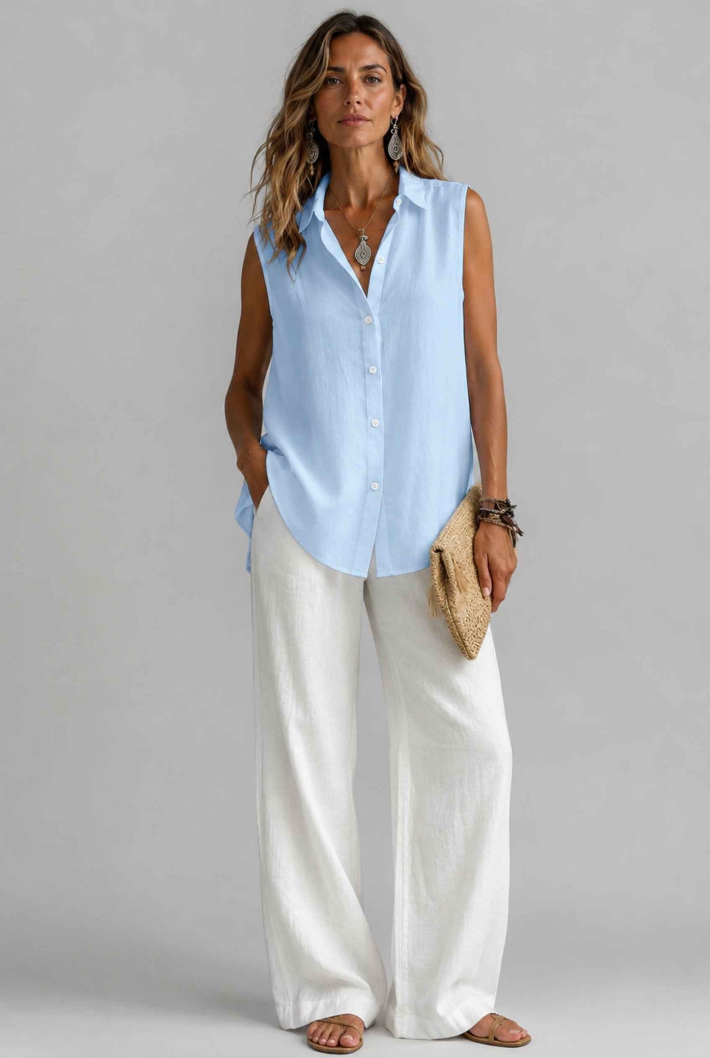Virtual Model wearing The Blair Buttoned Top Sleeveless Light Blue Collared Top