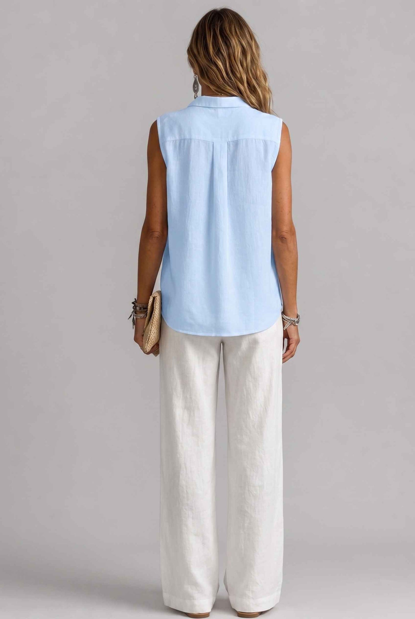Virtual Model wearing The Blair Buttoned Top Sleeveless Light Blue Collared Top