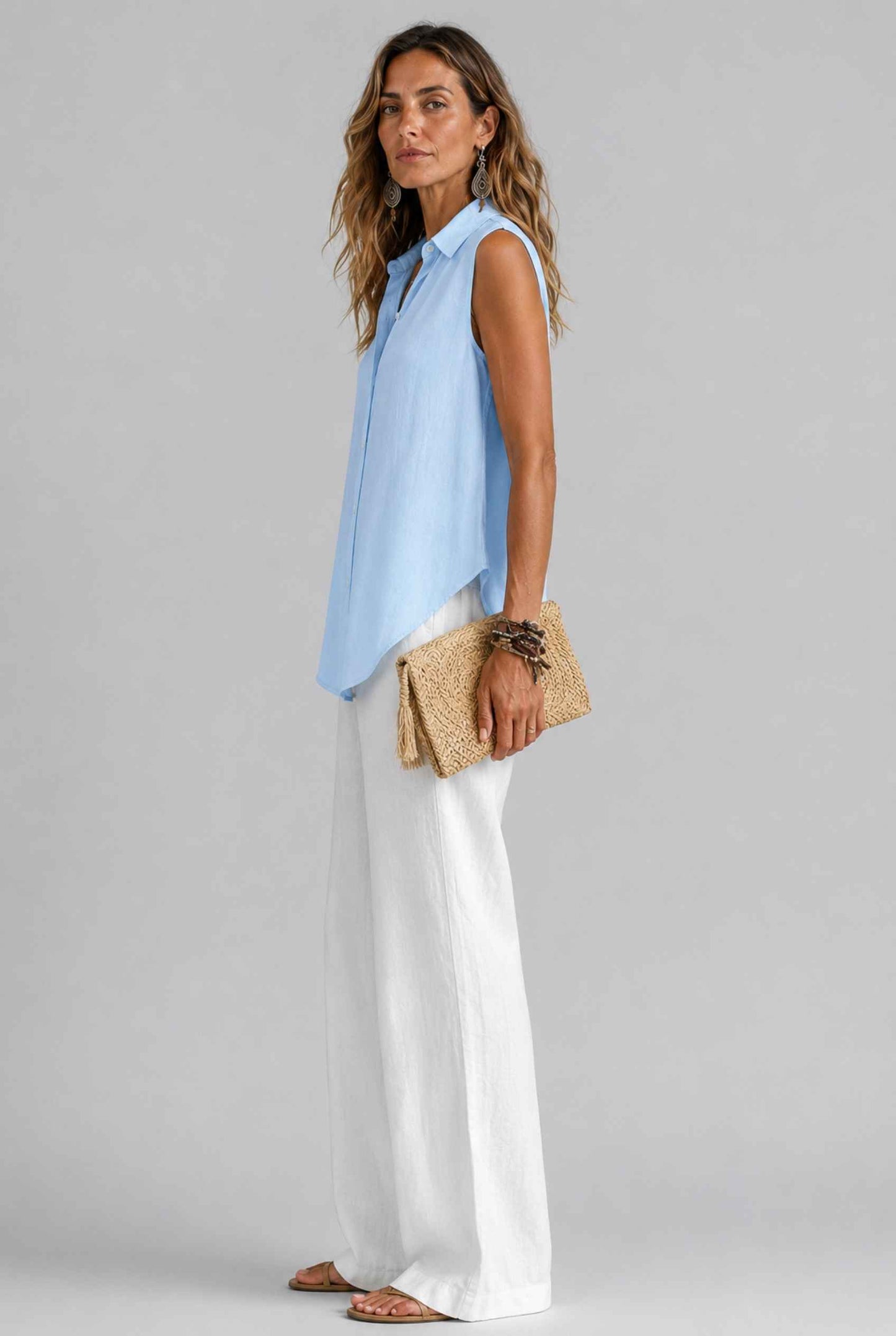 Virtual Model wearing The Blair Buttoned Top Sleeveless Light Blue Collared Top