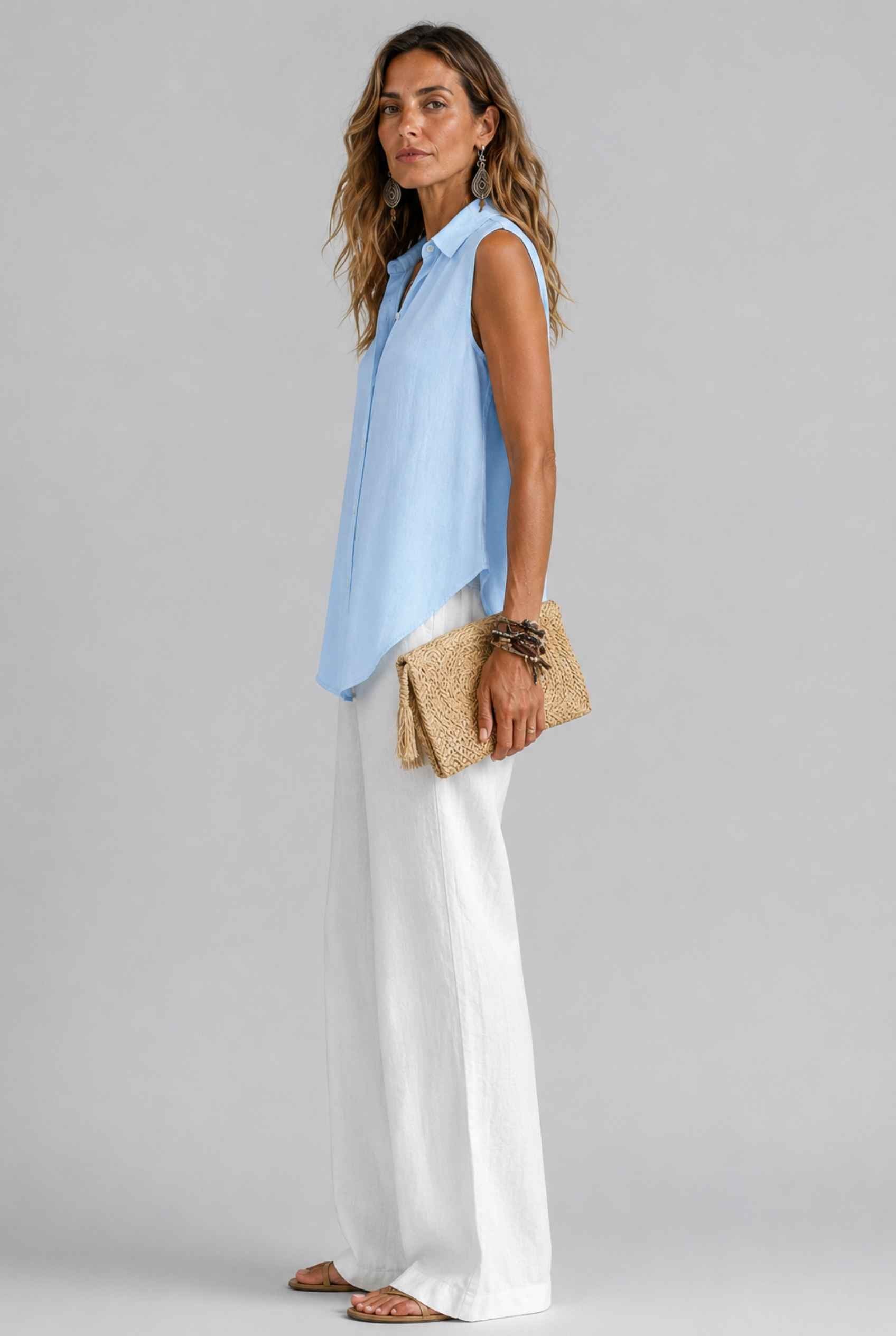 Virtual Model wearing The Blair Buttoned Top Sleeveless Light Blue Collared Top