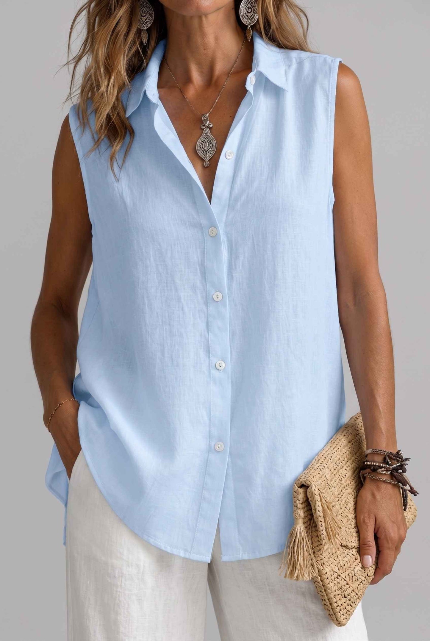 Virtual Model wearing The Blair Buttoned Top Sleeveless Light Blue Collared Top