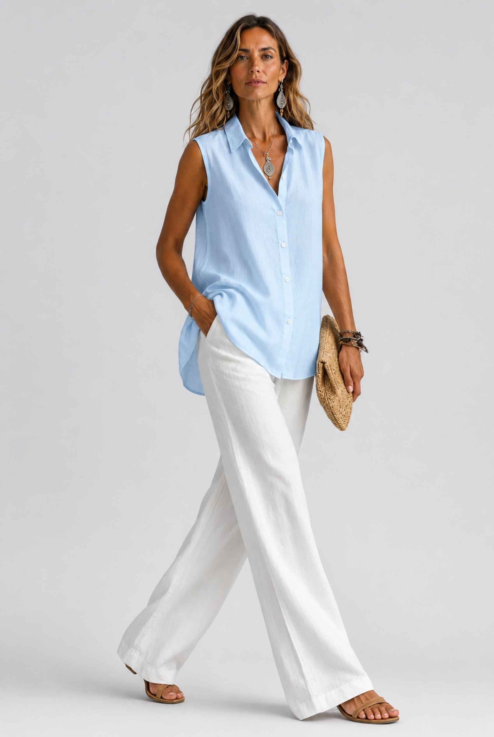 Virtual Model wearing The Blair Buttoned Top Sleeveless Light Blue Collared Top