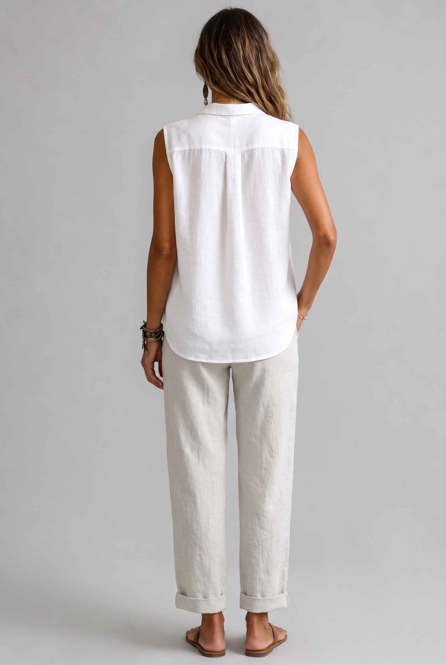 Virtual Model wearing The Blair Buttoned Top Sleeveless White Collared Top