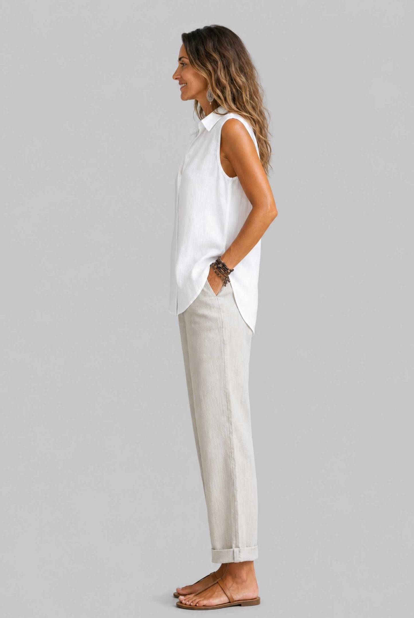 Virtual Model wearing The Blair Buttoned Top Sleeveless White Collared Top