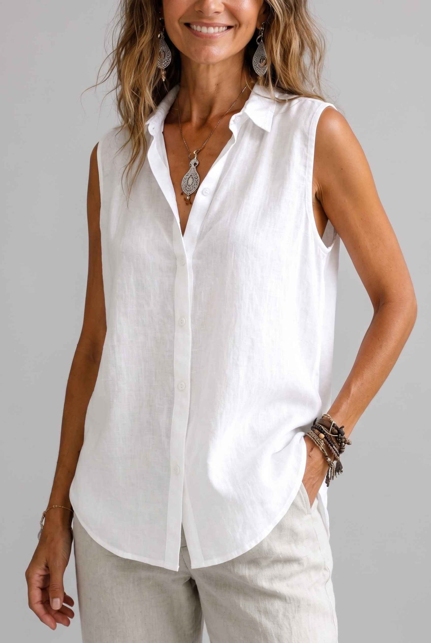 Virtual Model wearing The Blair Buttoned Top Sleeveless White Collared Top