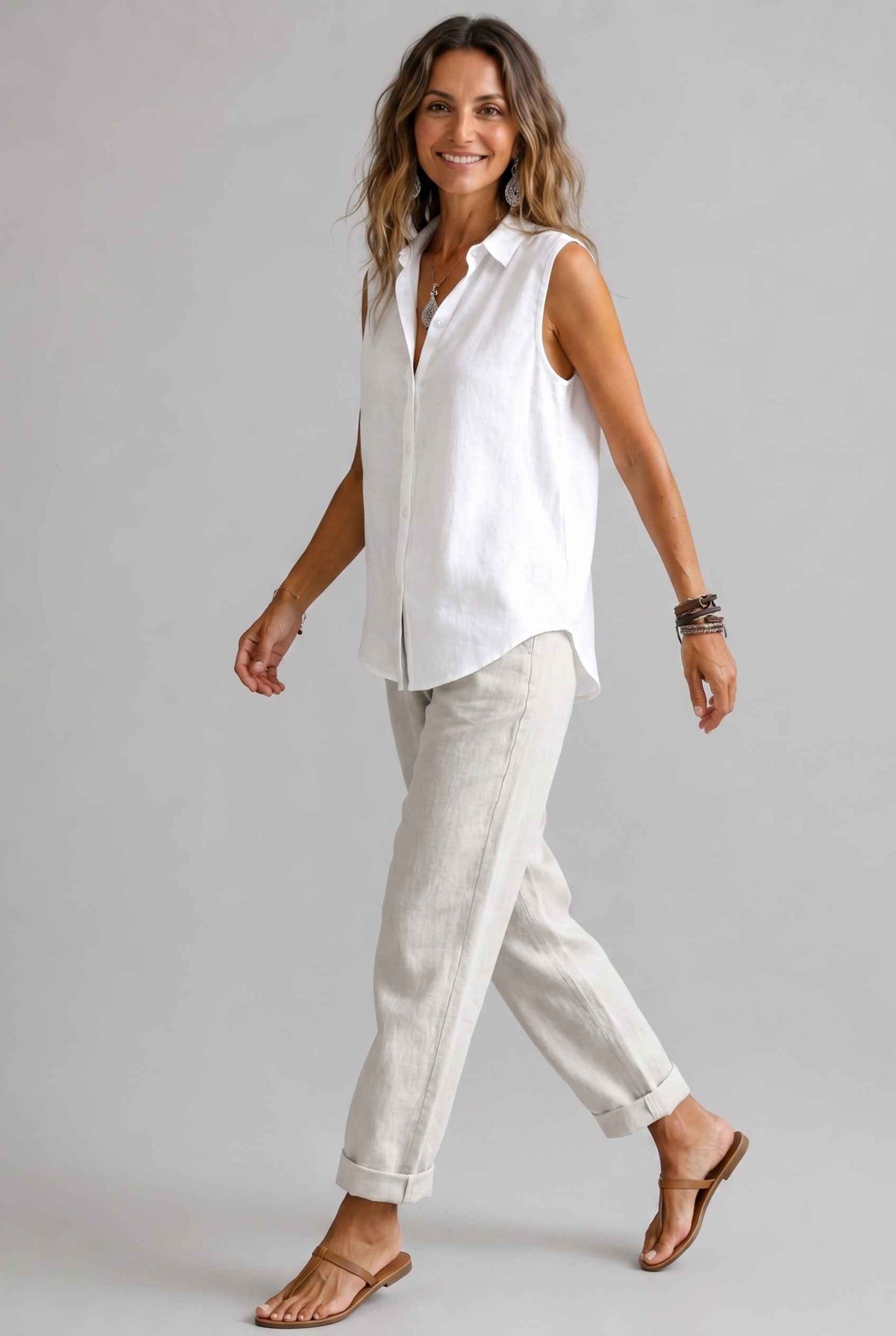 Virtual Model wearing The Blair Buttoned Top Sleeveless White Collared Top