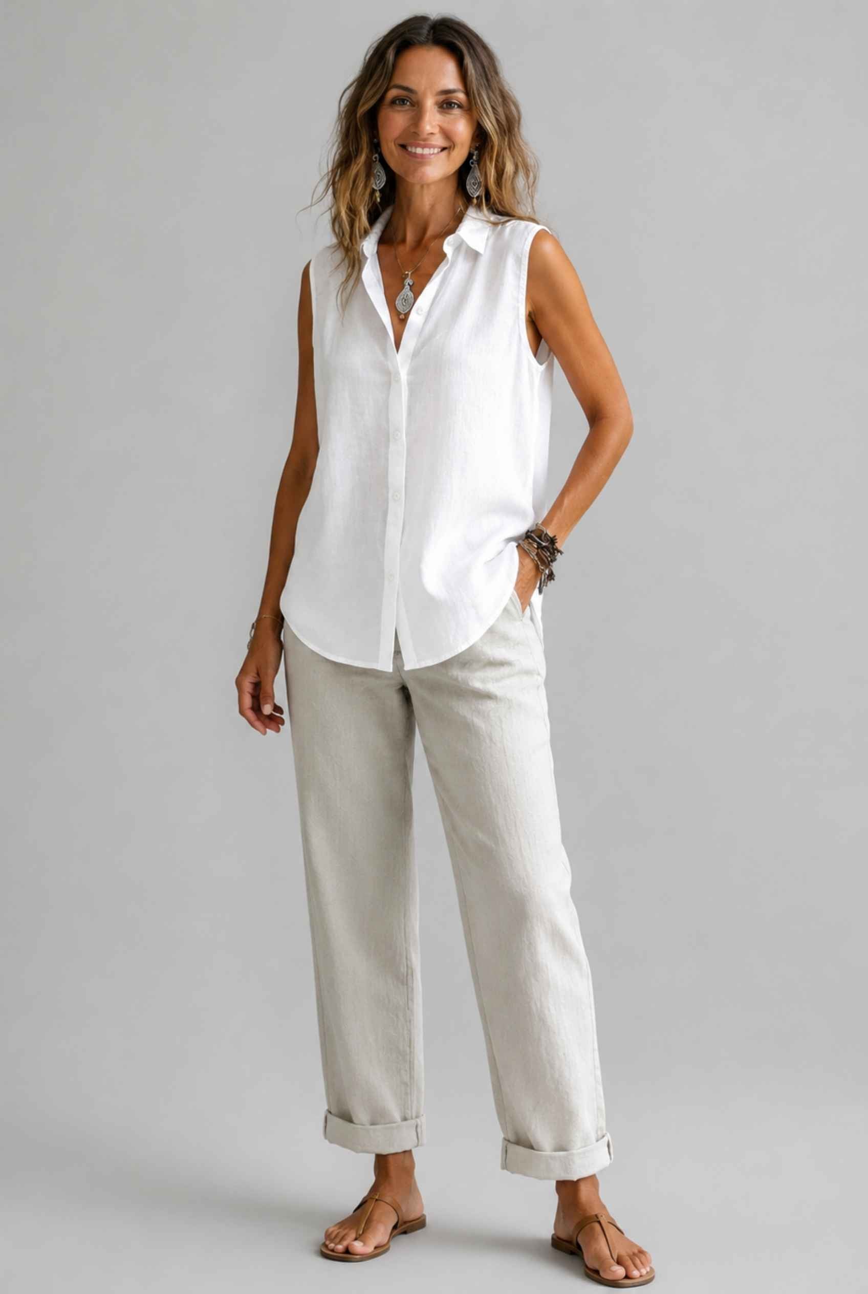 Virtual Model wearing The Blair Buttoned Top Sleeveless White Collared Top