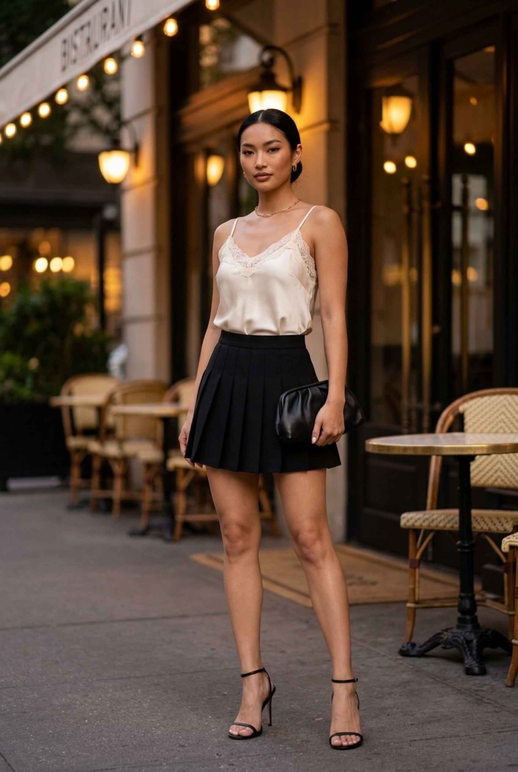 Virtual Model Wearing The Blythe Pleated Mini Skirt Black High-Waisted Pleated Tennis Mini Skirt