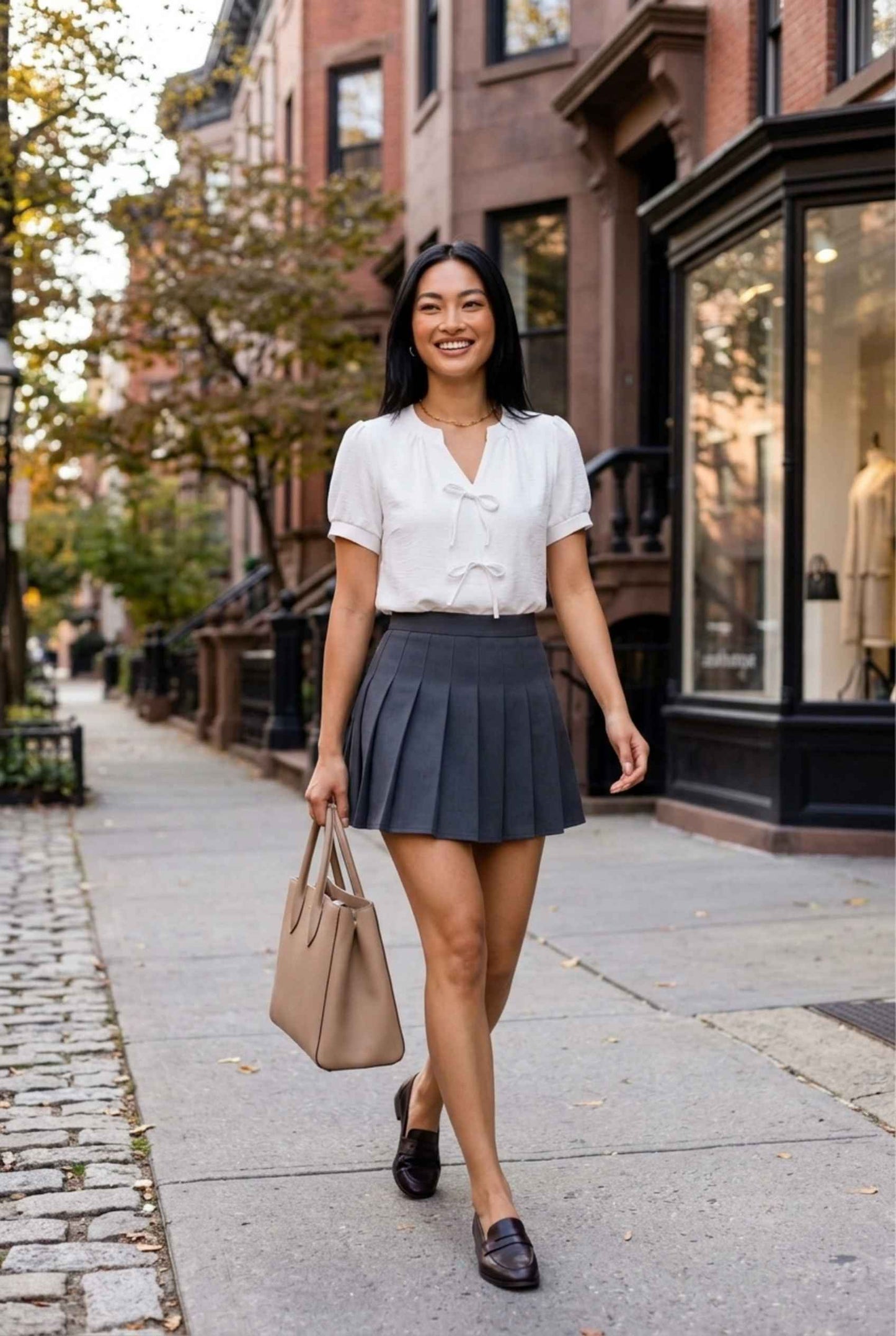 Virtual Model Wearing The Blythe Pleated Mini Skirt Gunmetal High-Waisted Pleated Tennis Mini Skirt