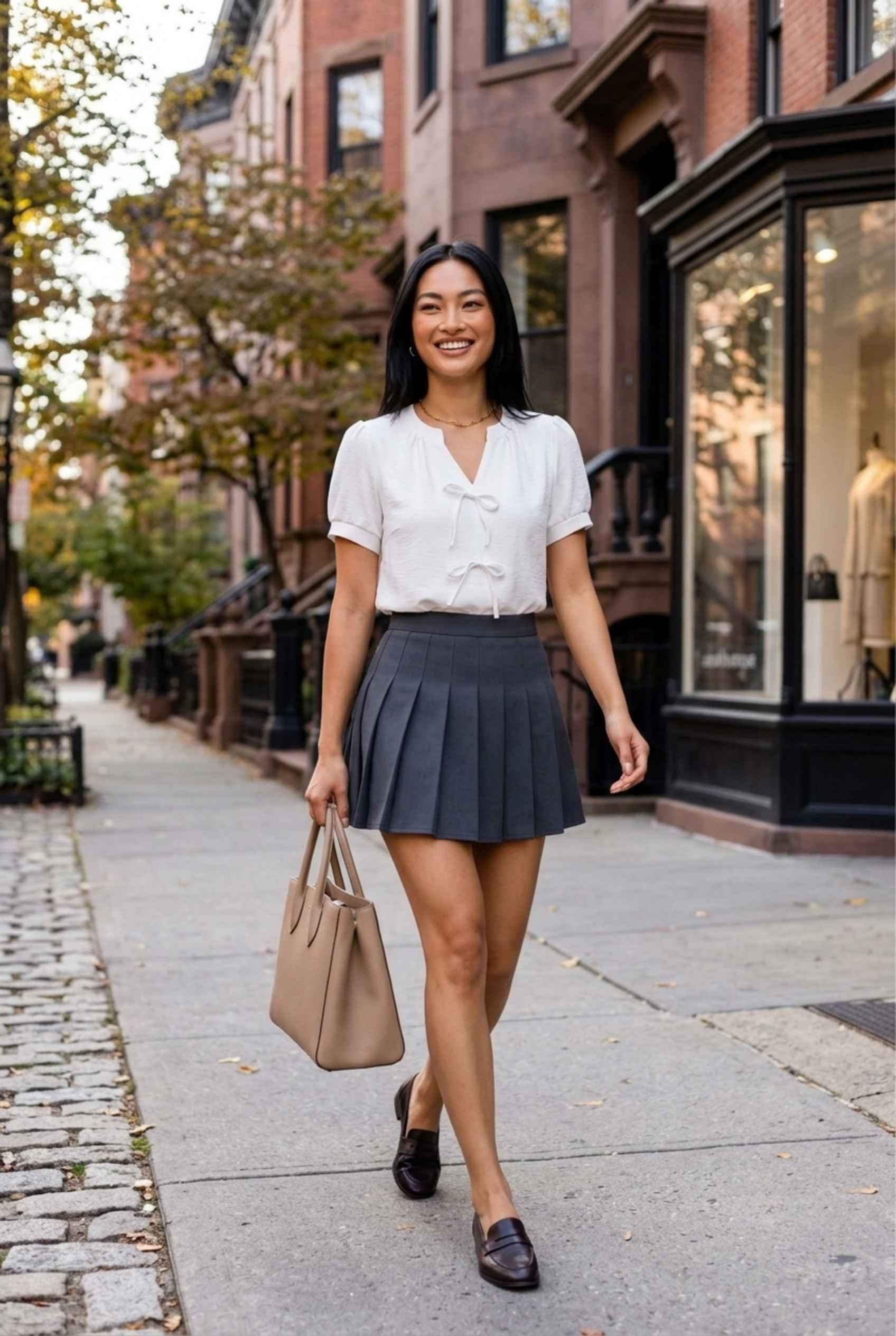 Virtual Model Wearing The Blythe Pleated Mini Skirt Gunmetal High-Waisted Pleated Tennis Mini Skirt