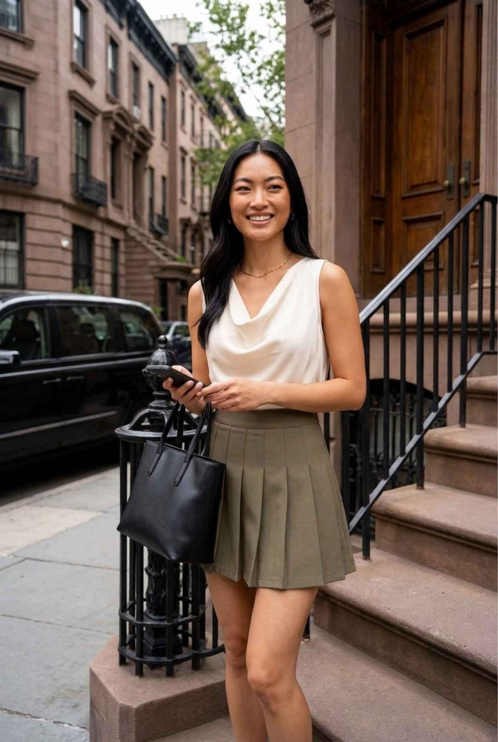 Virtual Model Wearing The Blythe Pleated Mini Skirt Taupe High-Waisted Pleated Tennis Mini Skirt