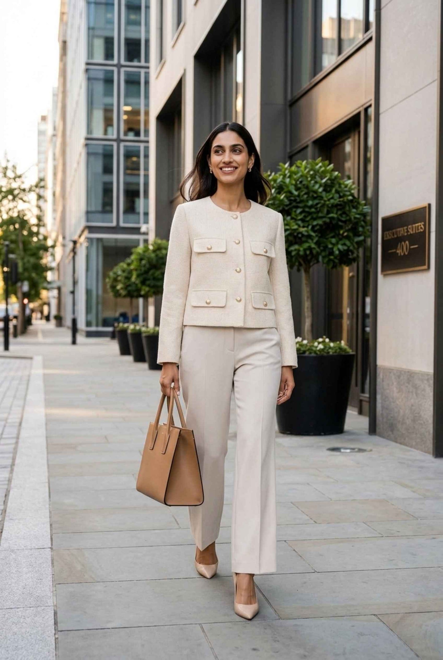 Virtual Model Wearing The Céline Embellished Blazer Collarless Gold Buttoned Cream Blazer