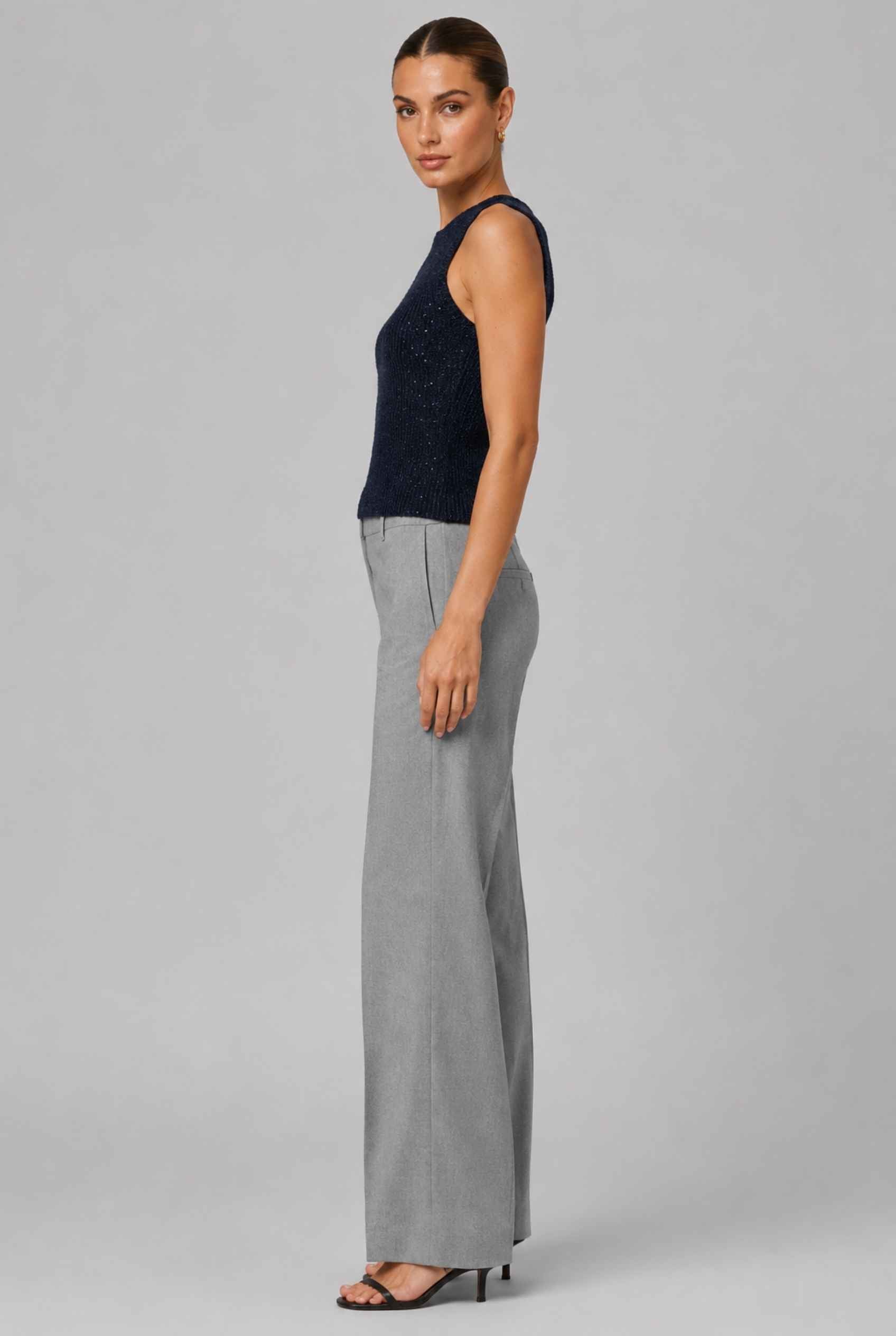 Virtual Model wearing The Calla Knit Tank Top Shimmer Knit Dark Blue Racerback Top