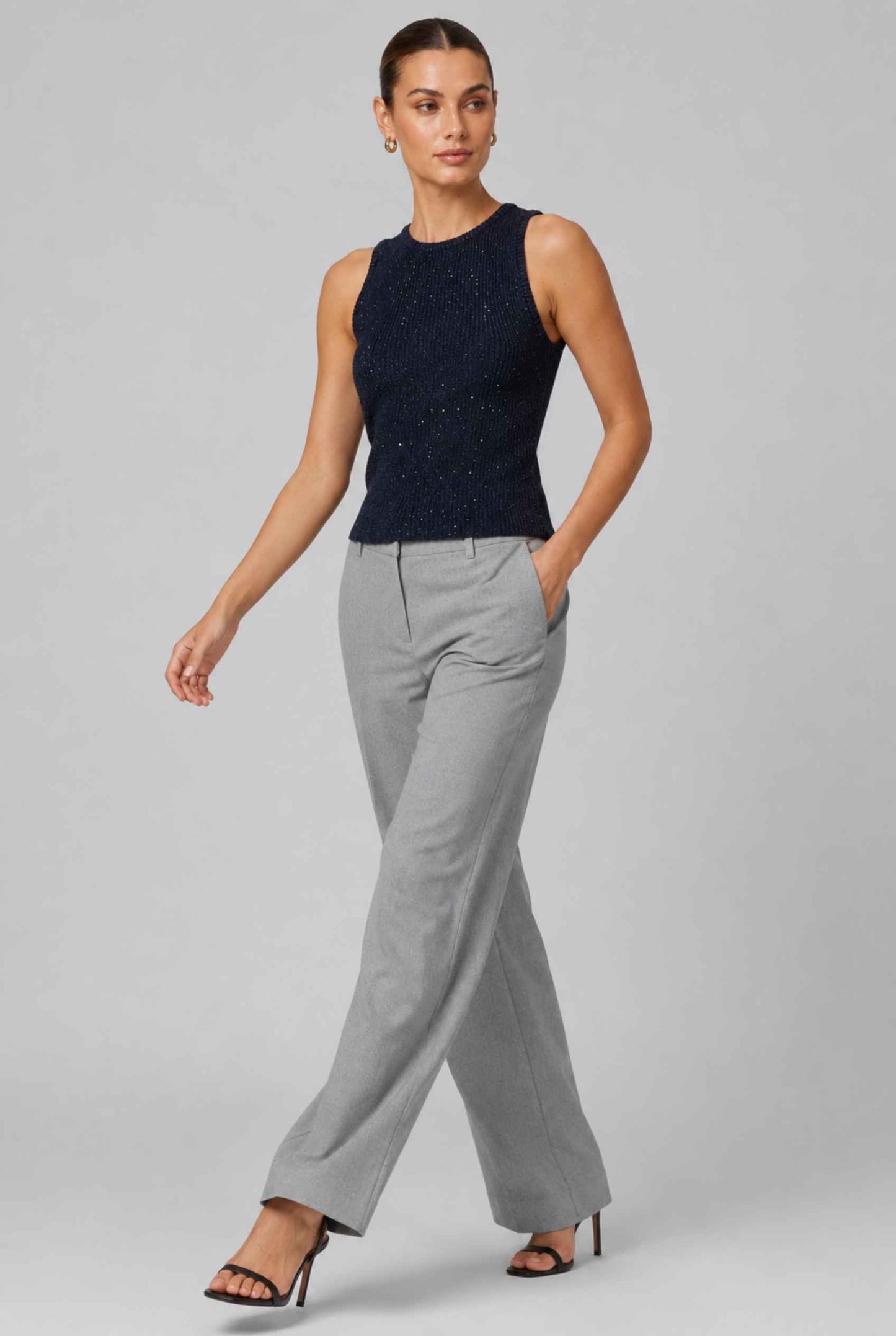 Virtual Model wearing The Calla Knit Tank Top Shimmer Knit Dark Blue Racerback Top