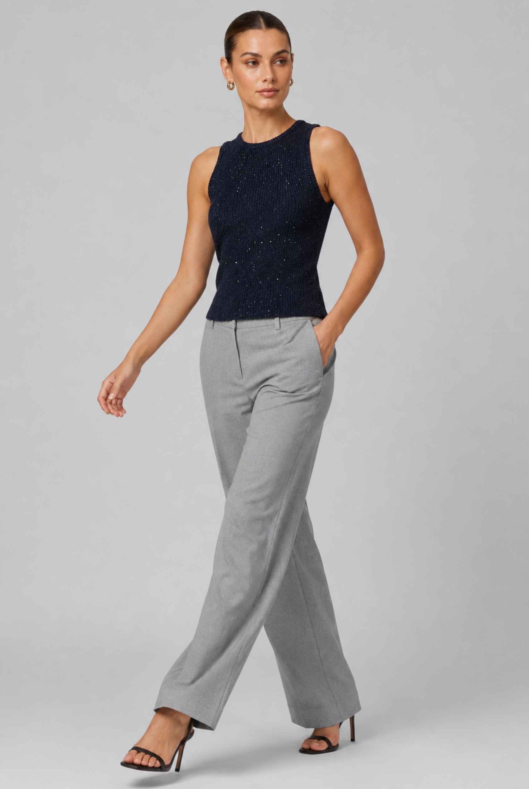 Virtual Model wearing The Calla Knit Tank Top Shimmer Knit Dark Blue Racerback Top