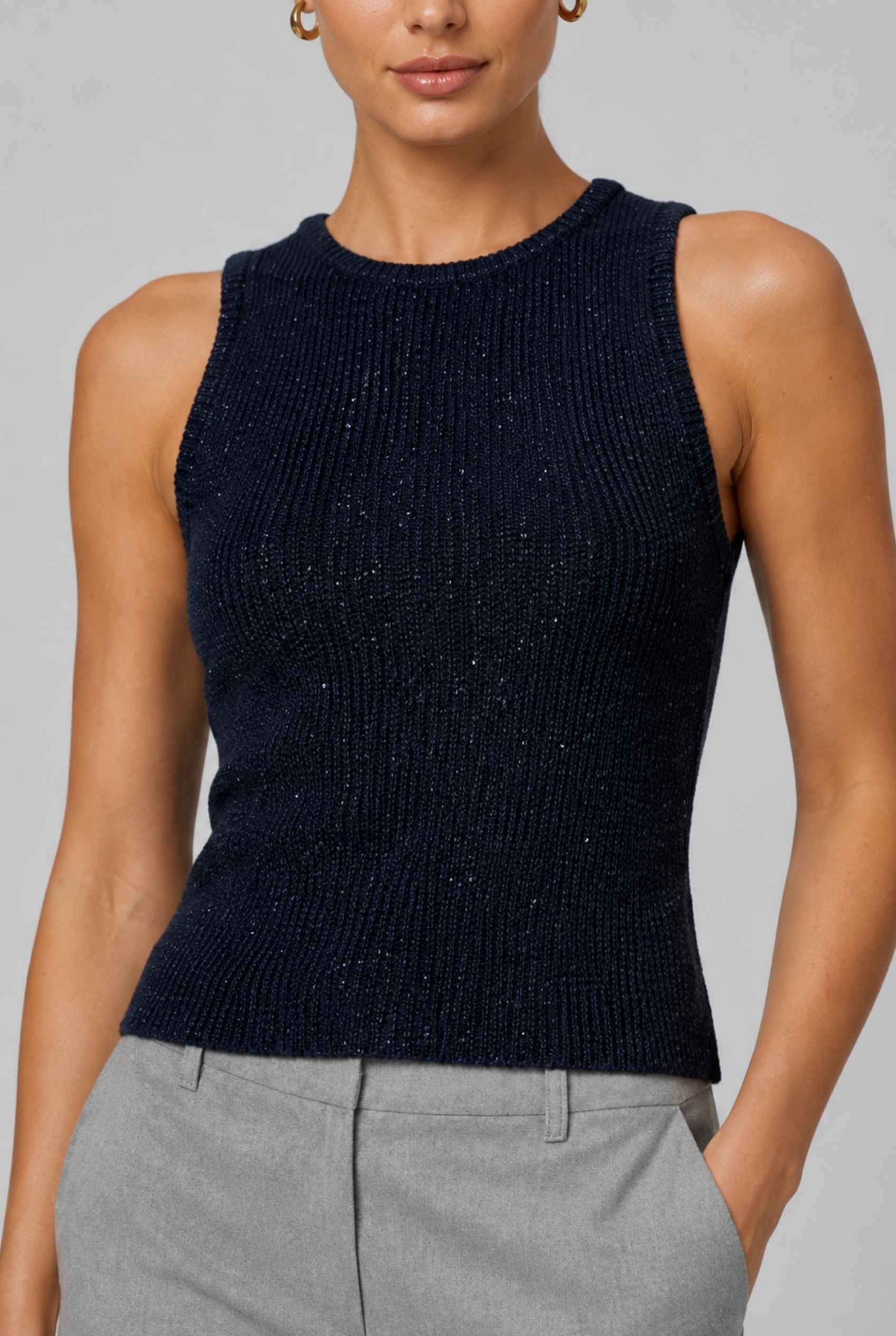 Virtual Model wearing The Calla Knit Tank Top Shimmer Knit Dark Blue Racerback Top