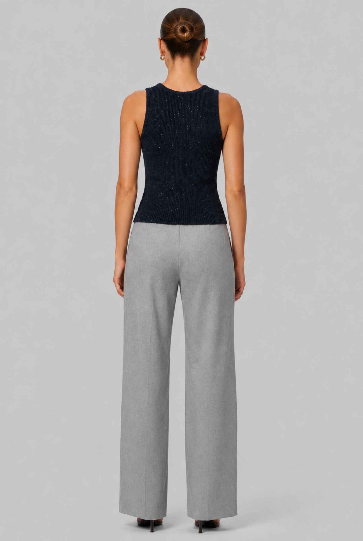 Virtual Model wearing The Calla Knit Tank Top Shimmer Knit Dark Blue Racerback Top