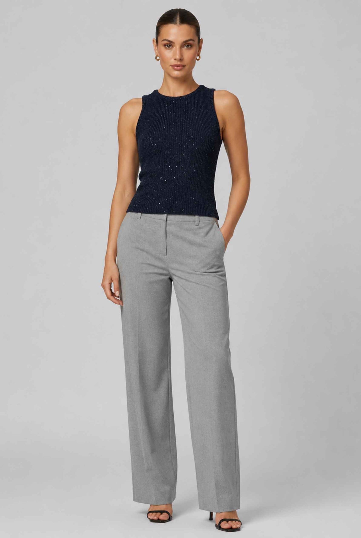 Virtual Model wearing The Calla Knit Tank Top Shimmer Knit Dark Blue Racerback Top
