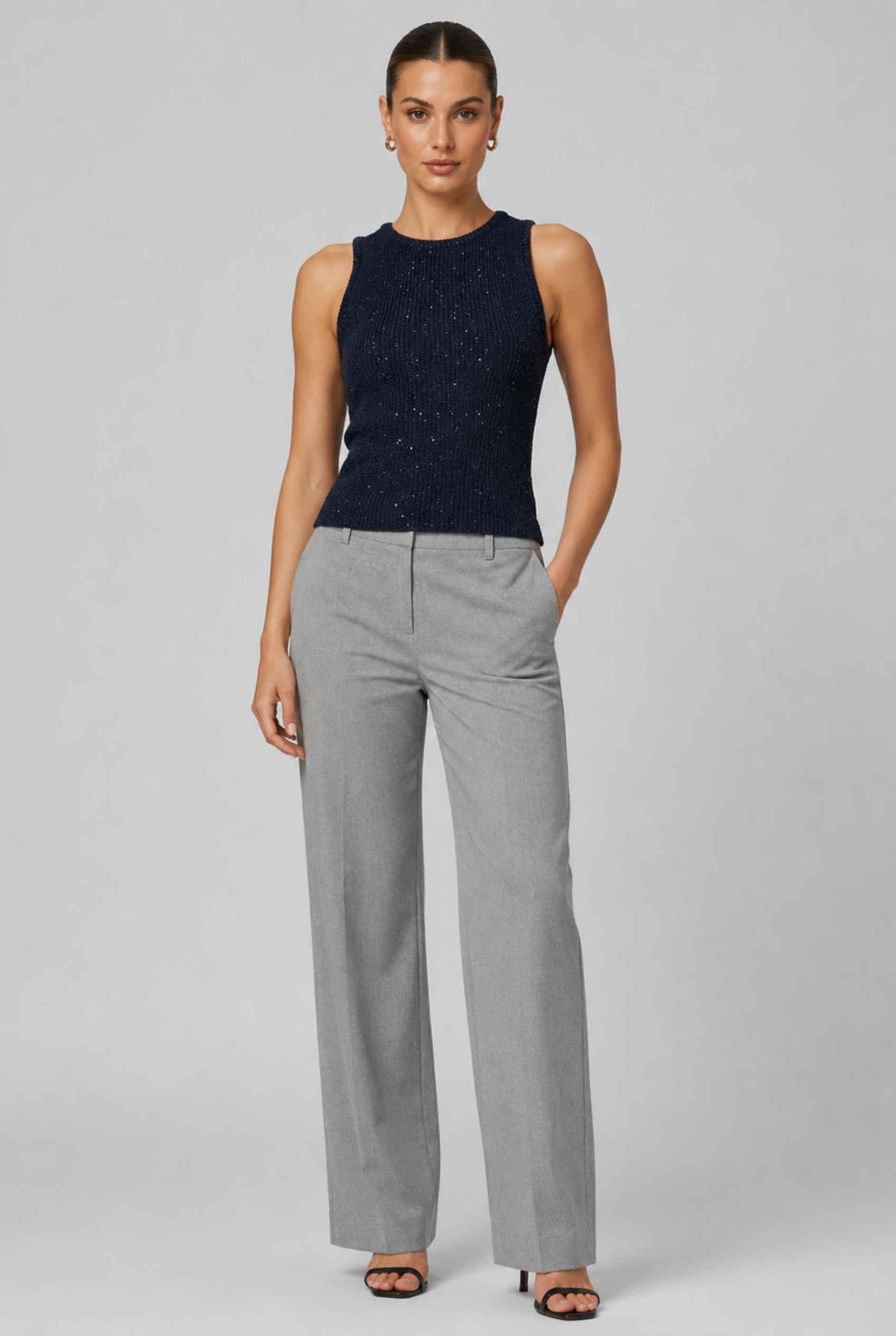 Virtual Model wearing The Calla Knit Tank Top Shimmer Knit Dark Blue Racerback Top