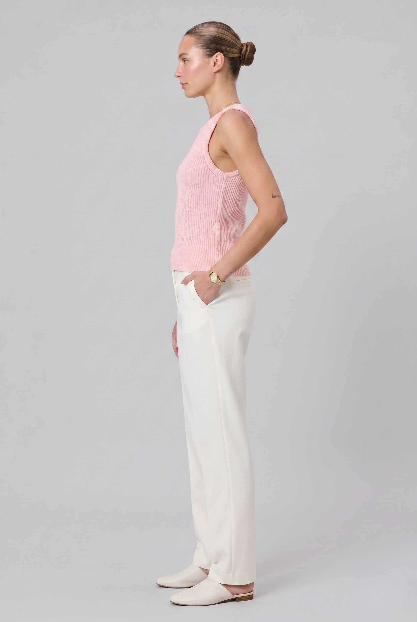Virtual Model wearing The Calla Knit Tank Top Shimmer Knit Pink Racerback Top