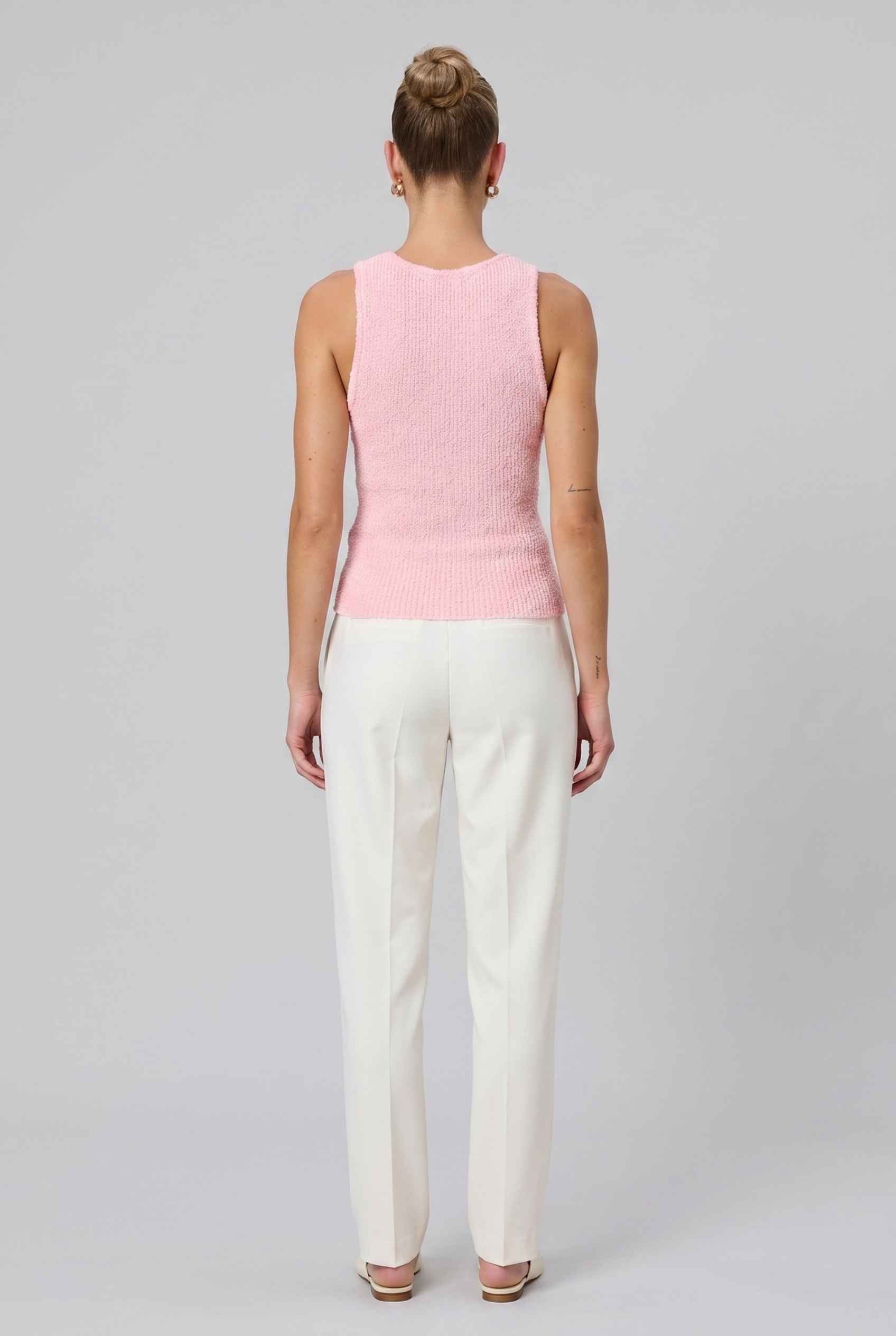 Virtual Model wearing The Calla Knit Tank Top Shimmer Knit Pink Racerback Top