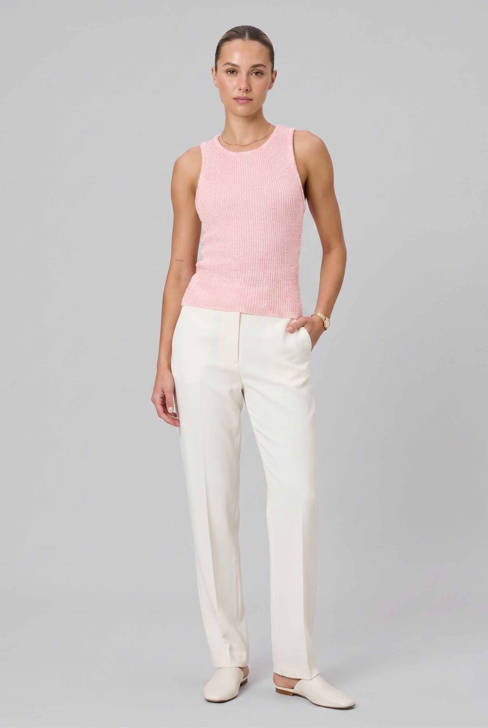 Virtual Model wearing The Calla Knit Tank Top Shimmer Knit Pink Racerback Top