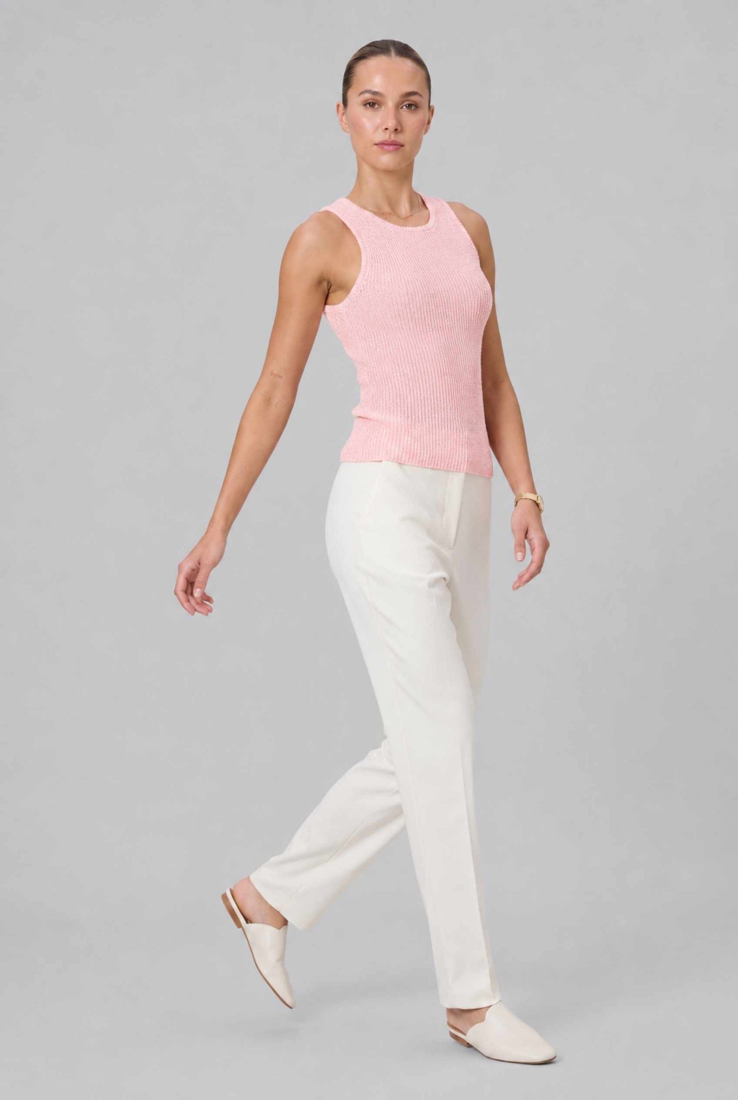 Virtual Model wearing The Calla Knit Tank Top Shimmer Knit Pink Racerback Top