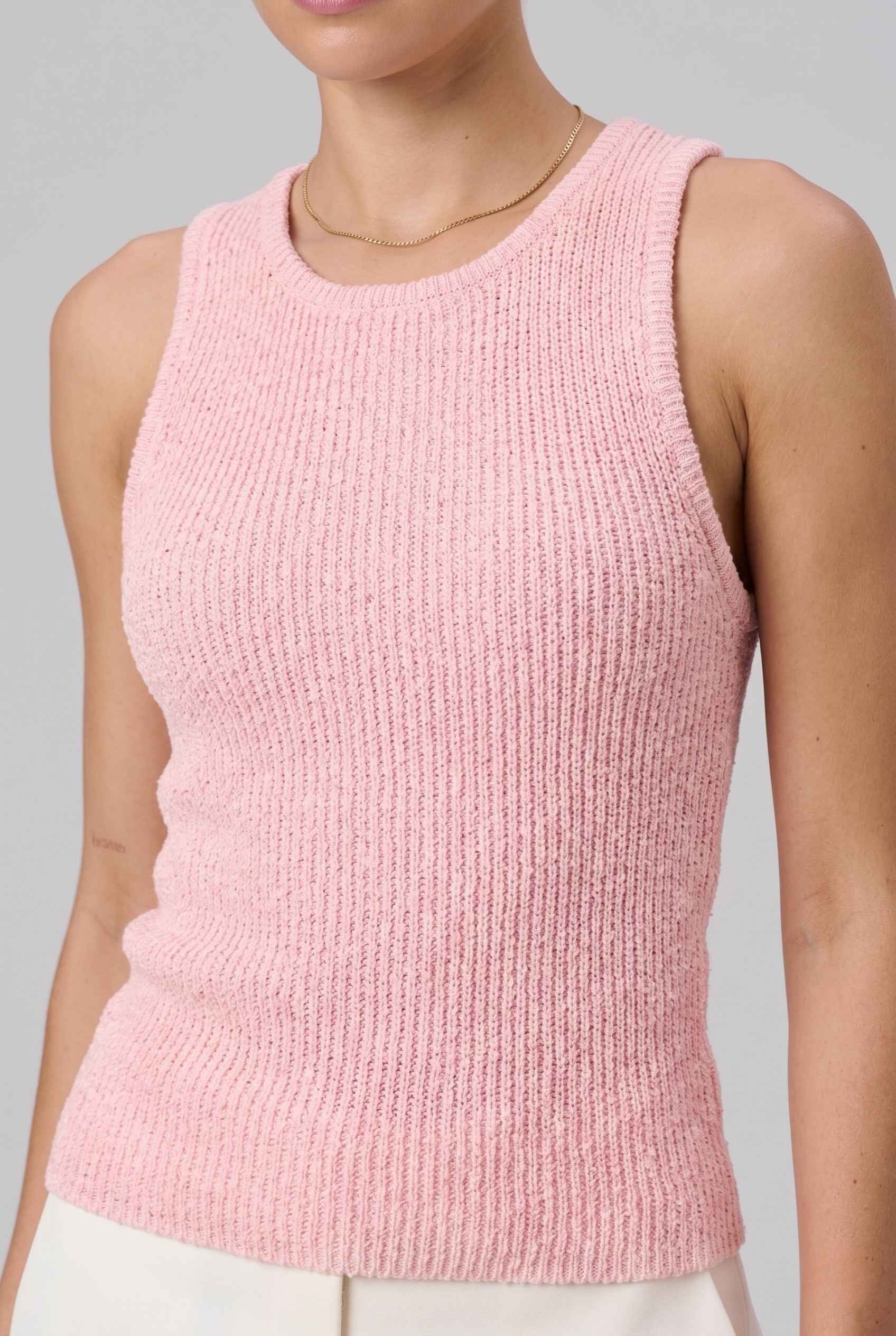 Virtual Model wearing The Calla Knit Tank Top Shimmer Knit Pink Racerback Top