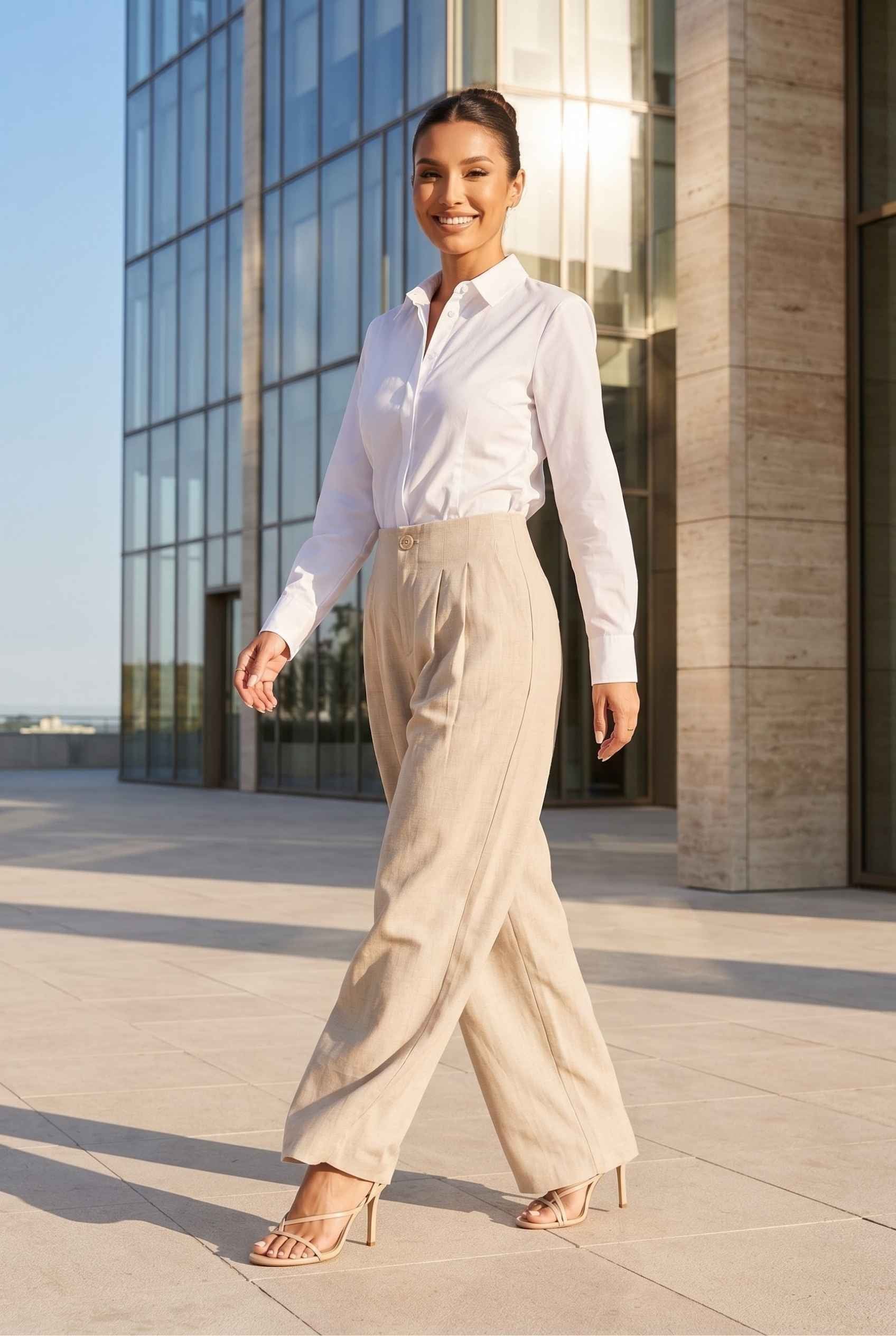 Virtual Model wearing The Cannes Pleated Trouser High Waisted Beige Wide Leg Pants