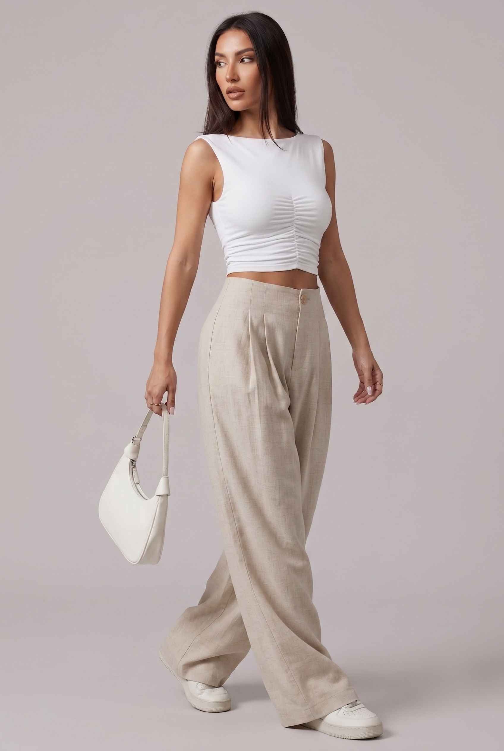 Virtual Model wearing The Cannes Pleated Trouser High Waisted Beige Wide Leg Pants