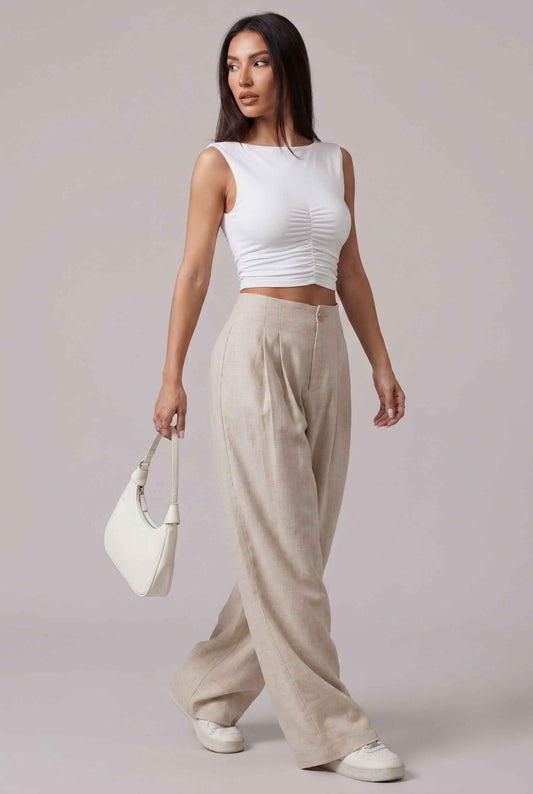 Virtual Model wearing The Cannes Pleated Trouser High Waisted Beige Wide Leg Pants