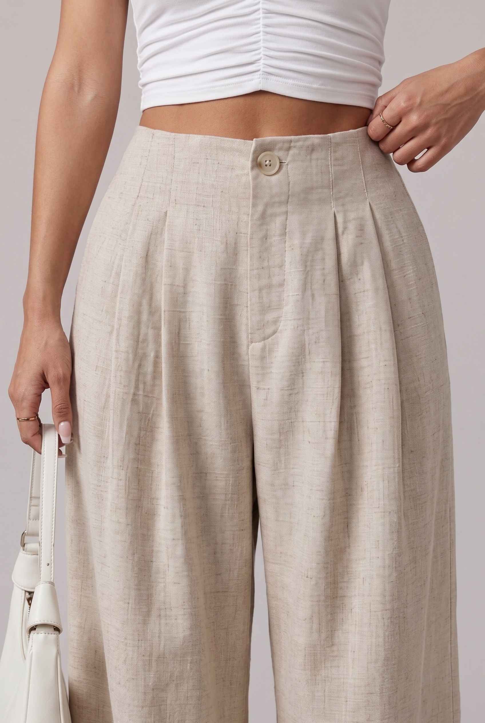 Virtual Model wearing The Cannes Pleated Trouser High Waisted Beige Wide Leg Pants