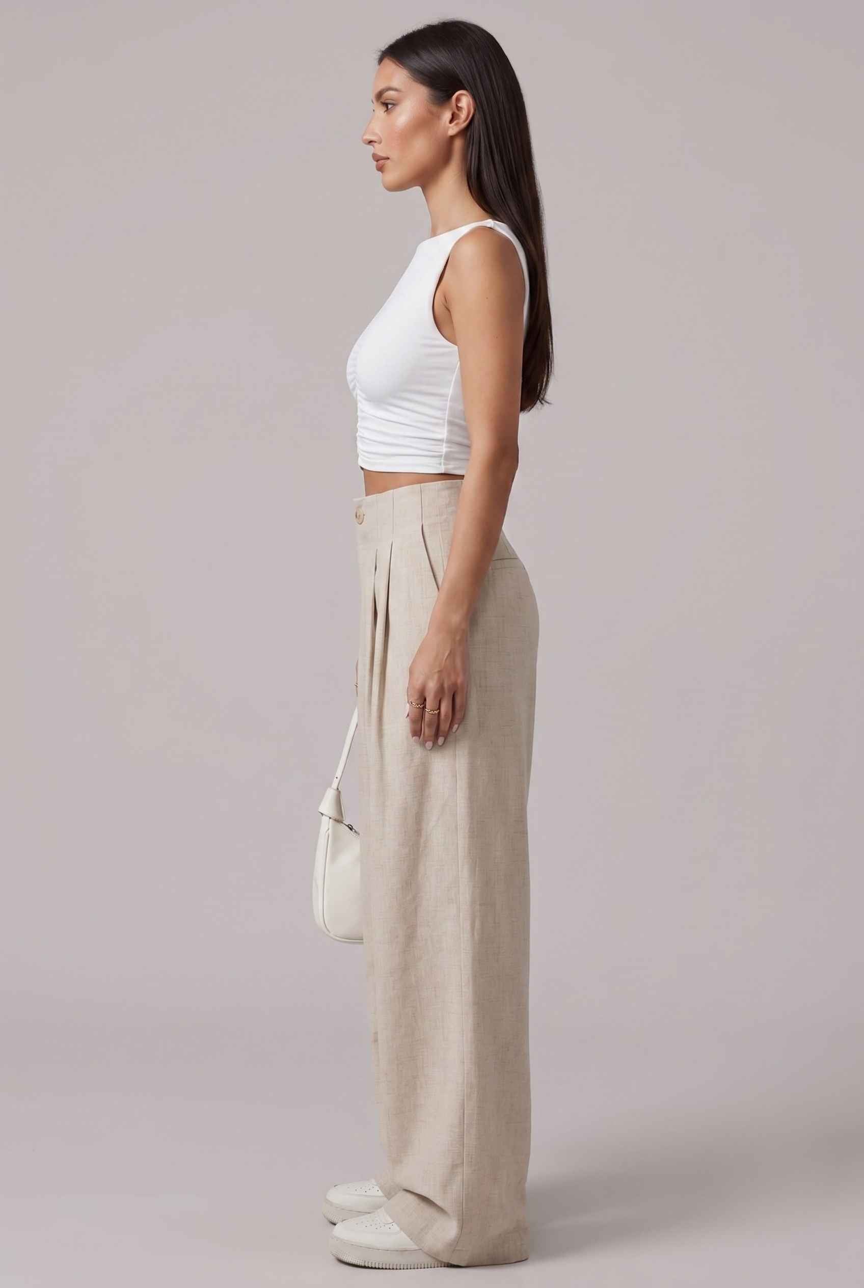 Virtual Model wearing The Cannes Pleated Trouser High Waisted Beige Wide Leg Pants