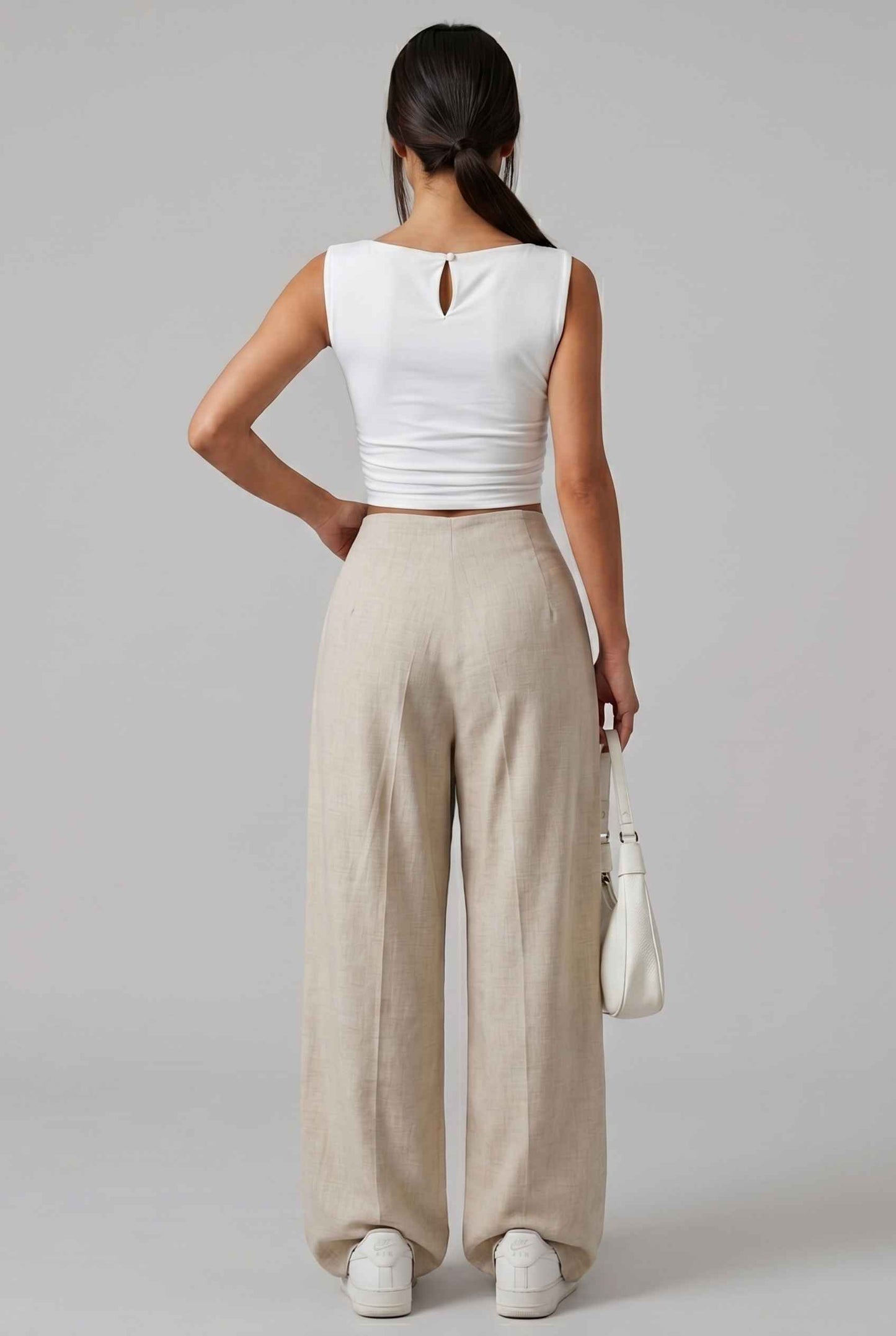 Virtual Model wearing The Cannes Pleated Trouser High Waisted Beige Wide Leg Pants