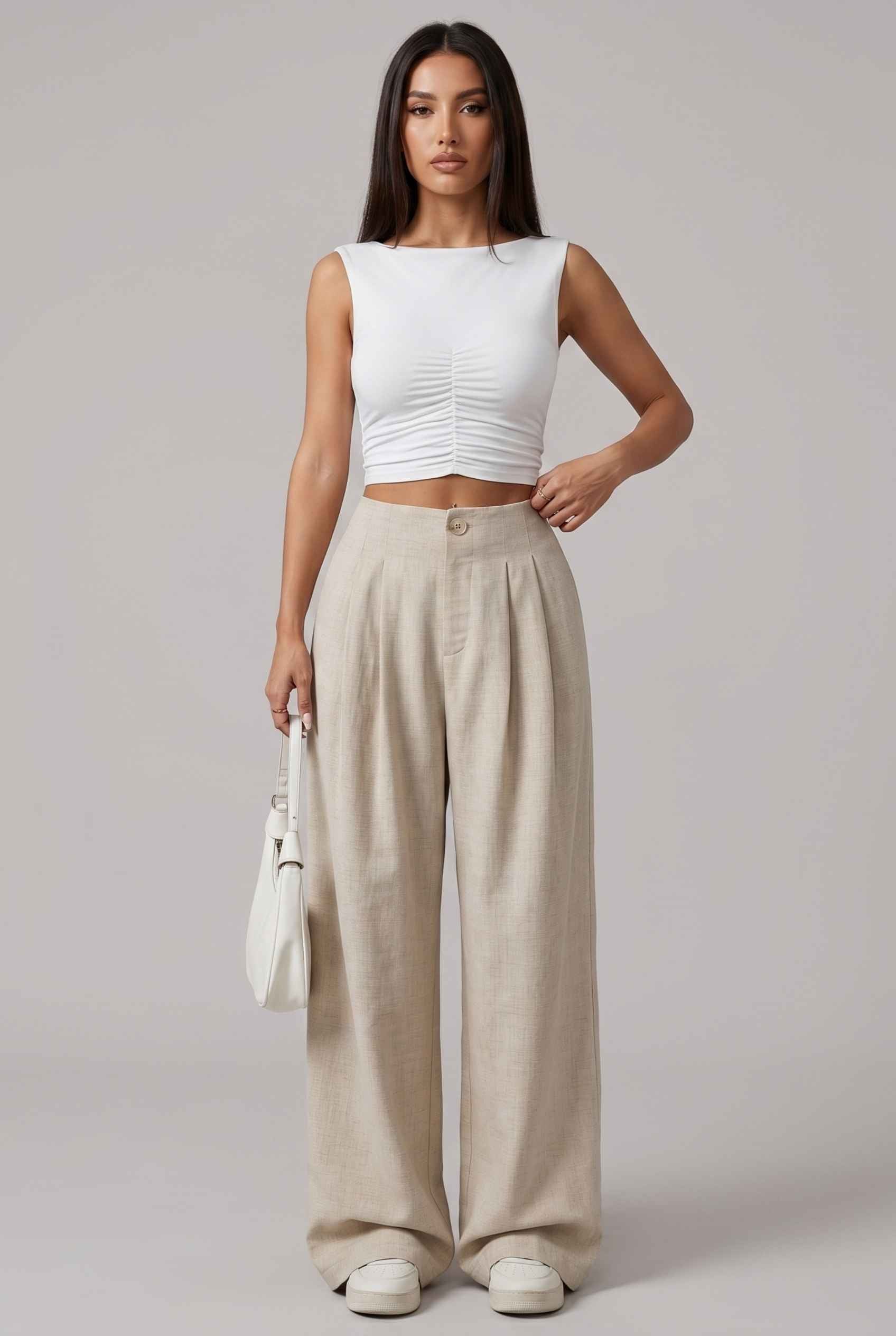 Virtual Model wearing The Cannes Pleated Trouser High Waisted Beige Wide Leg Pants