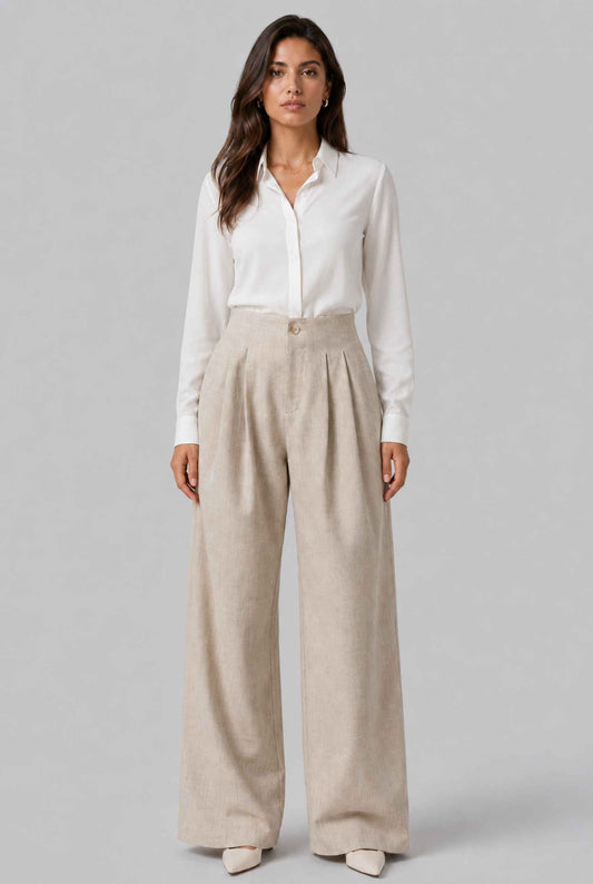 Virtual model wearing The Cannes Pleated Trouser High Waisted Wide Leg Pants in Beige