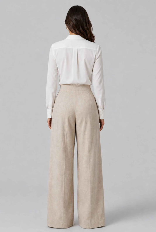 Virtual model wearing The Cannes Pleated Trouser High Waisted Wide Leg Pants in Beige
