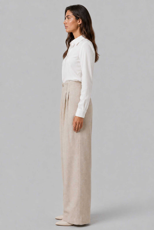Virtual model wearing The Cannes Pleated Trouser High Waisted Wide Leg Pants in Beige