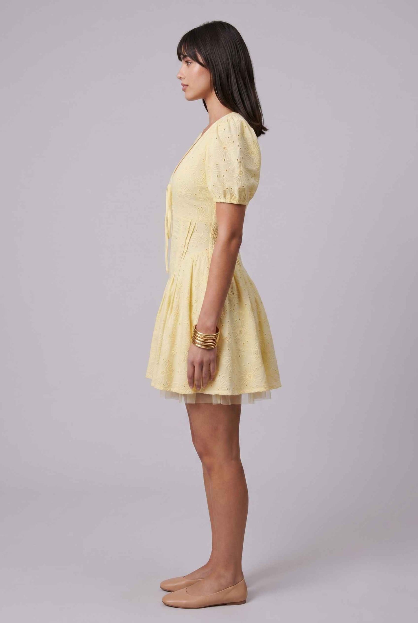Virtual Model wearing The Capri Eyelet Mini Yellow Cotton Puff Sleeve Mini Dress
