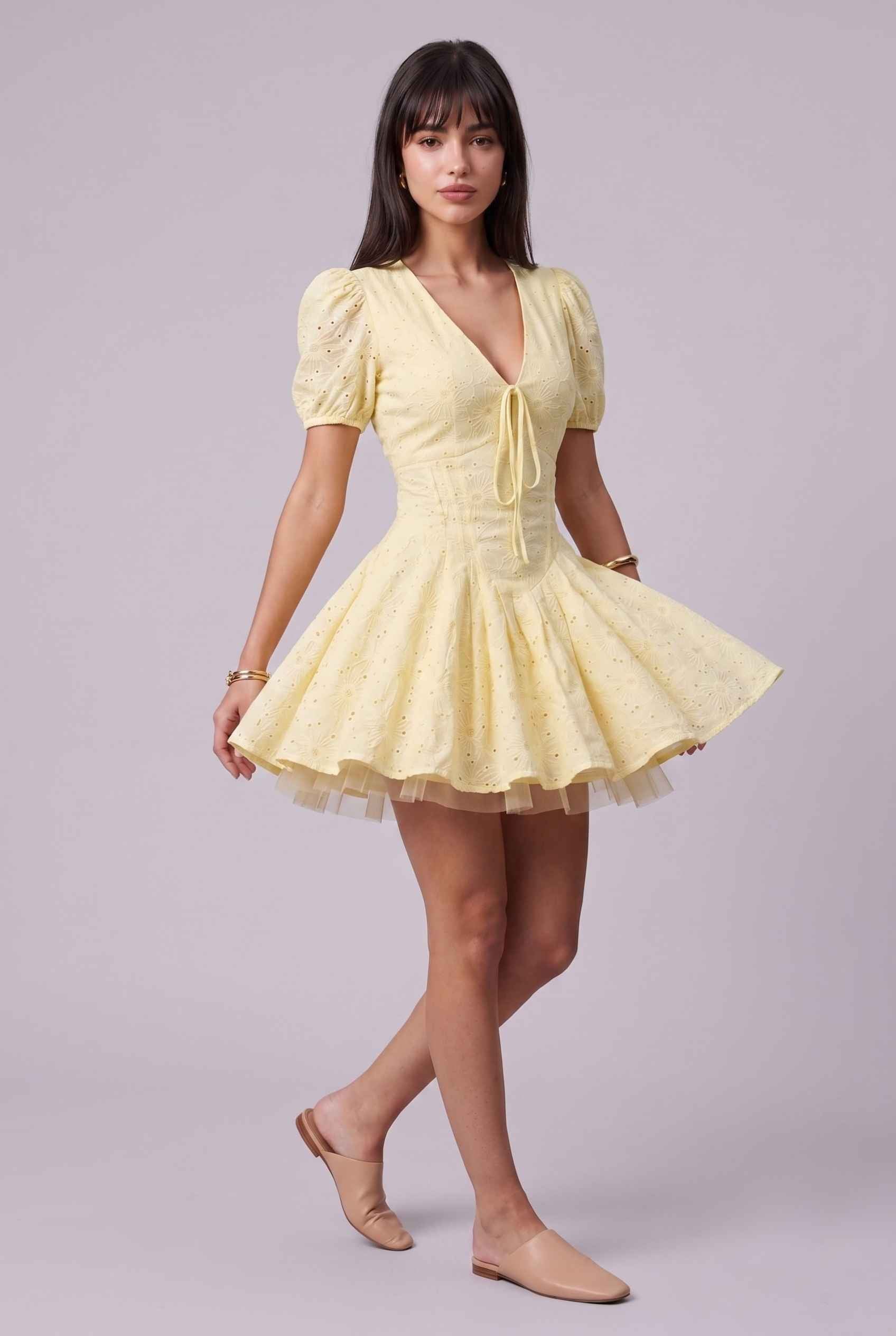 Virtual Model wearing The Capri Eyelet Mini Yellow Cotton Puff Sleeve Mini Dress