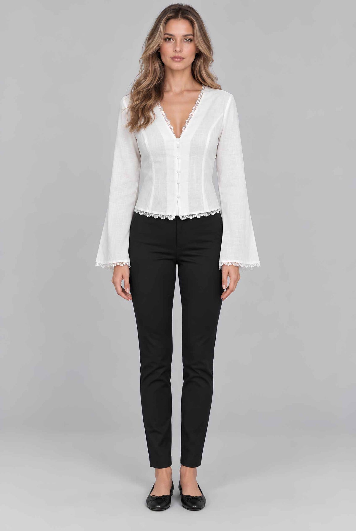 Virtual model wearing The Carissa Lace-Trim Blouse White Flared-Sleeve Structured Blouse 